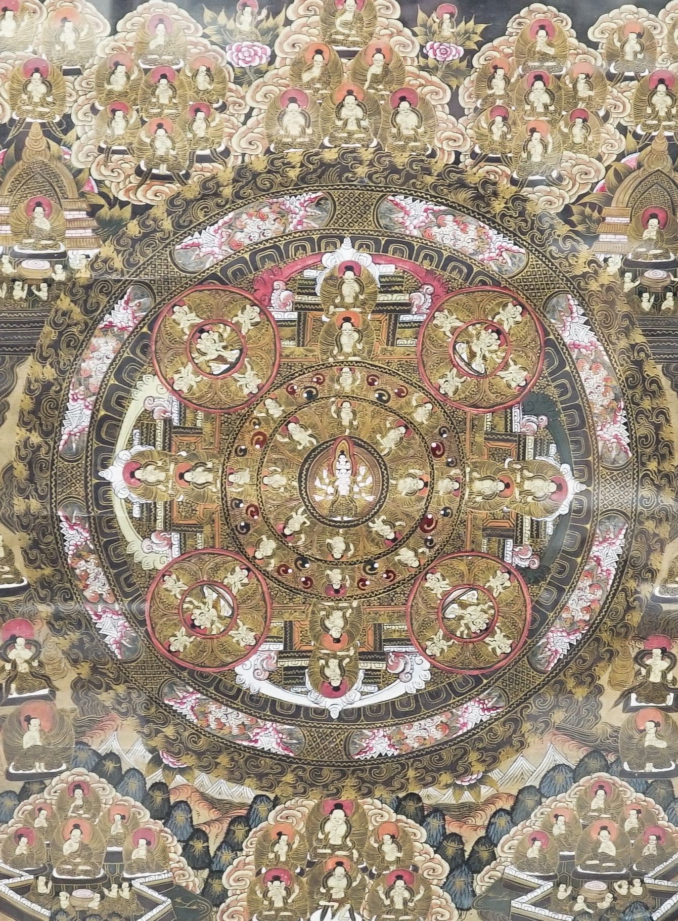 A Nepalese painted mandala thangka., 35 cms wide x 46 cms high.